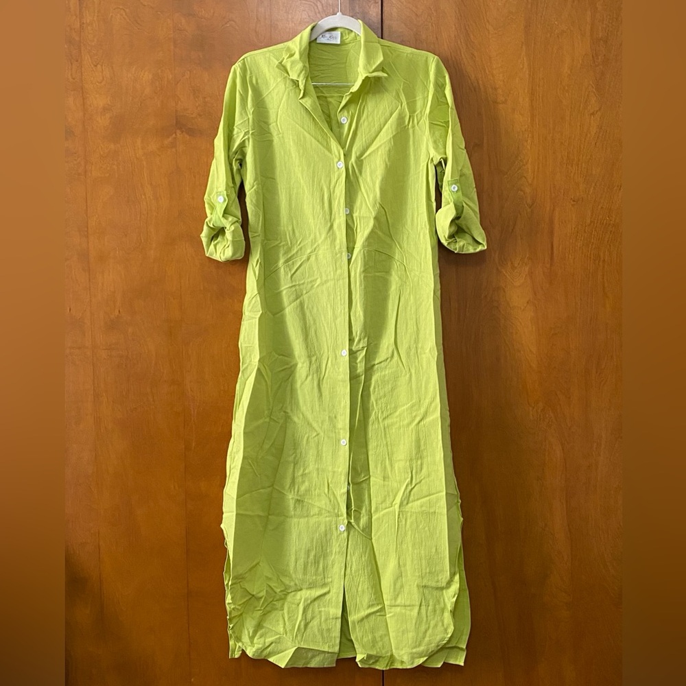 Women’s Small Neon Collared Button Down Shirt Dress Side Slits Roll Tab Sleeves